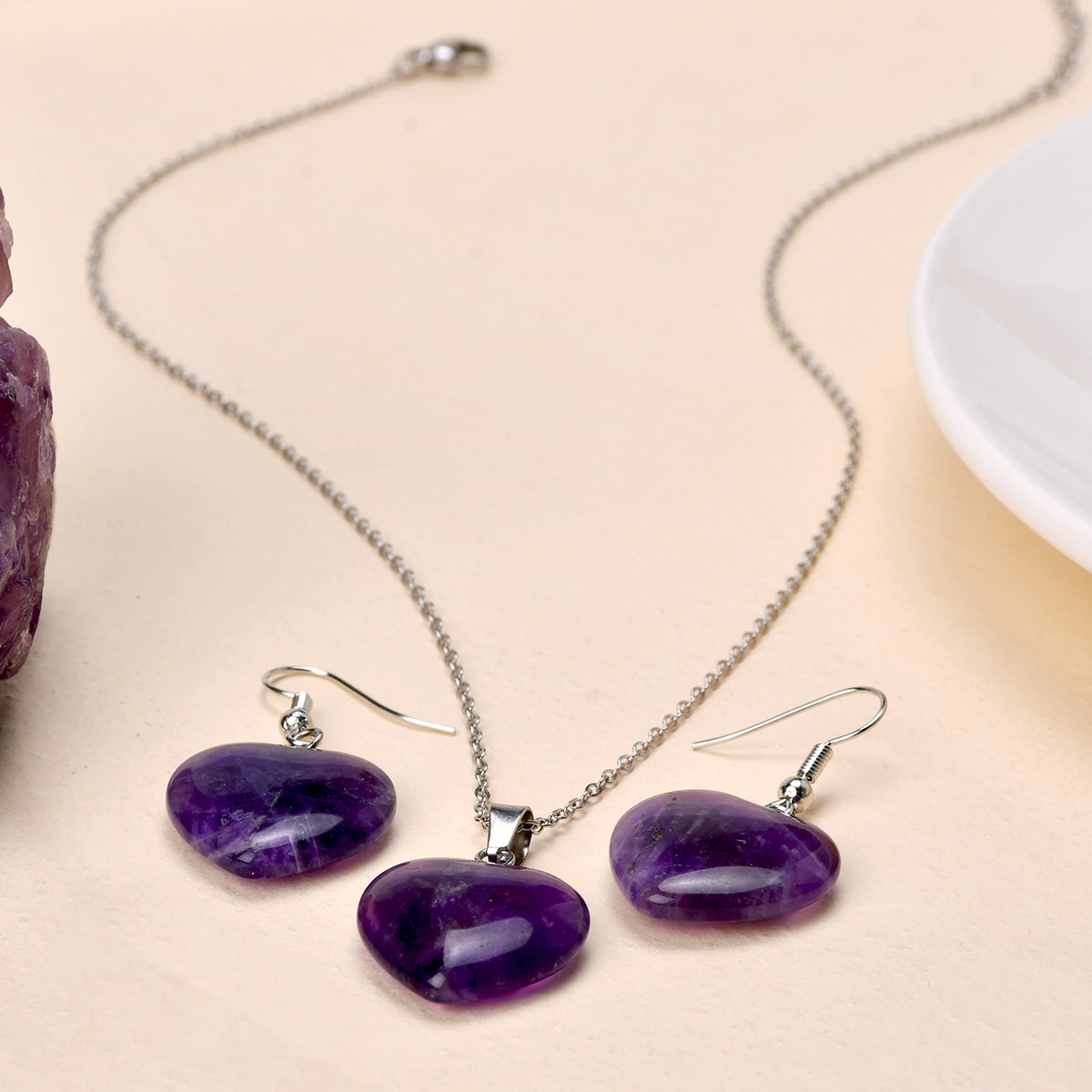 Heart Shape Jewelry Set For Women In 304 Stainless Steel With Natural Stone Inlay And Cable Chain, Perfect For Valentine's Day