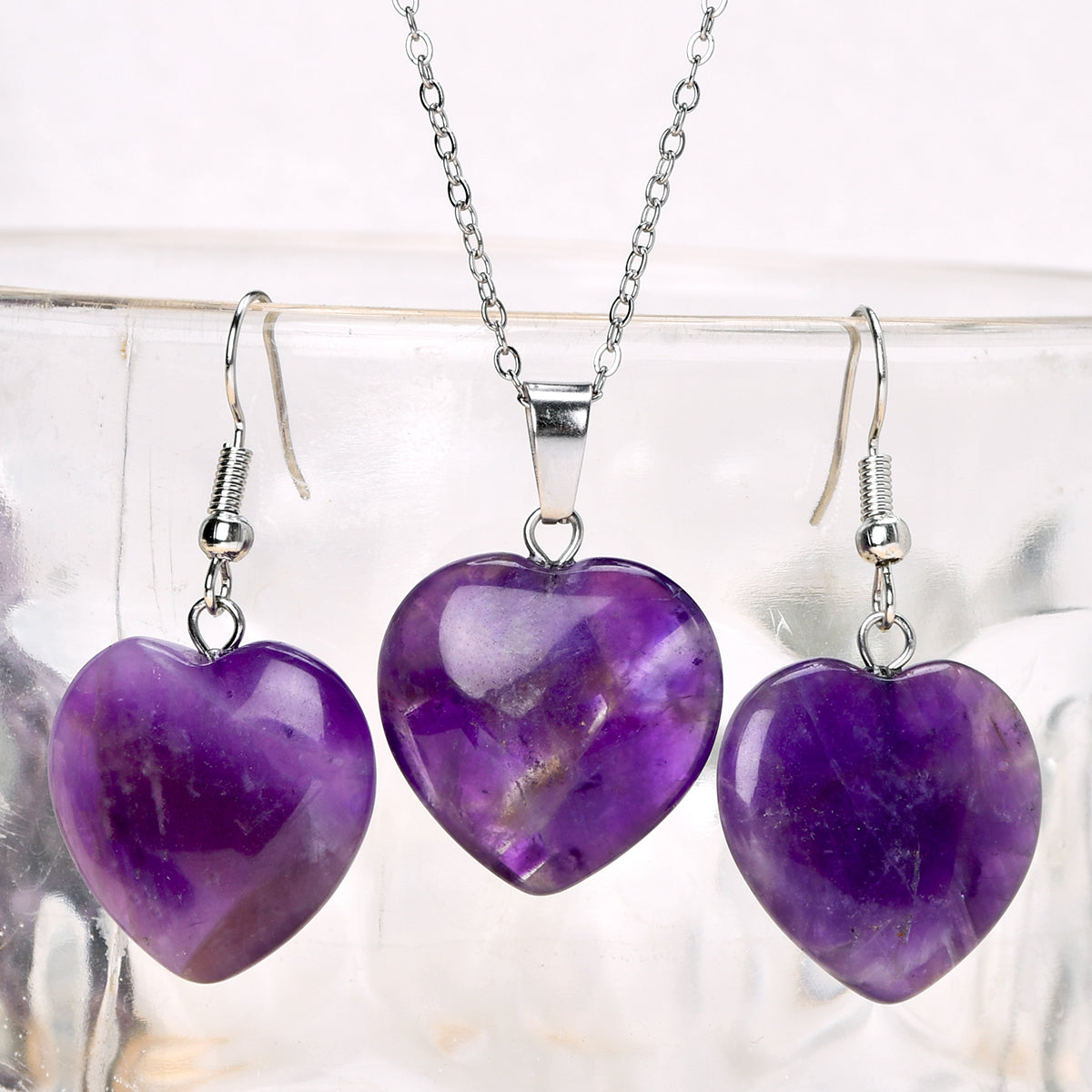Heart Shape Jewelry Set For Women In 304 Stainless Steel With Natural Stone Inlay And Cable Chain, Perfect For Valentine's Day