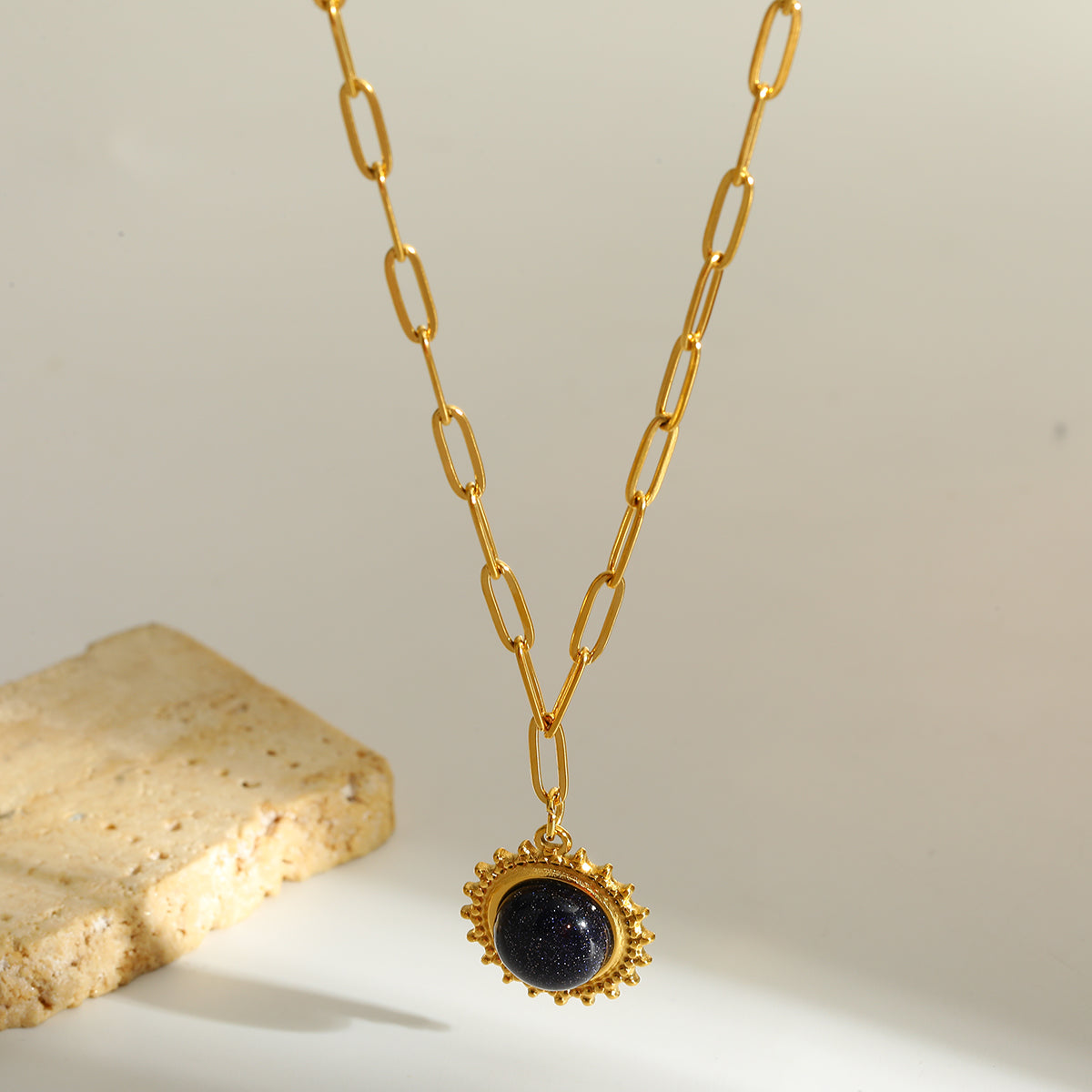 Round Christmas Necklace For Women In 304 Stainless Steel With 18K Real Gold Plated And Natural Stone Inlay
