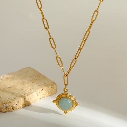 Round Christmas Necklace For Women In 304 Stainless Steel With 18K Real Gold Plated And Natural Stone Inlay