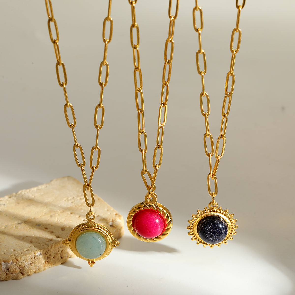 Round Christmas Necklace For Women In 304 Stainless Steel With 18K Real Gold Plated And Natural Stone Inlay