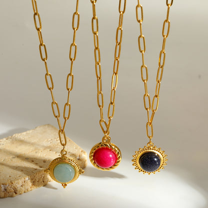 Round Christmas Necklace For Women In 304 Stainless Steel With 18K Real Gold Plated And Natural Stone Inlay
