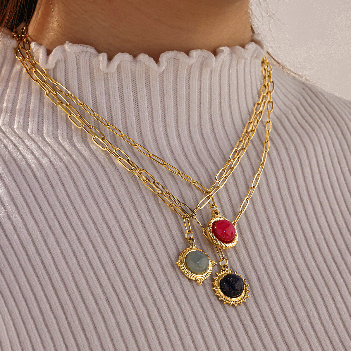 Round Christmas Necklace For Women In 304 Stainless Steel With 18K Real Gold Plated And Natural Stone Inlay