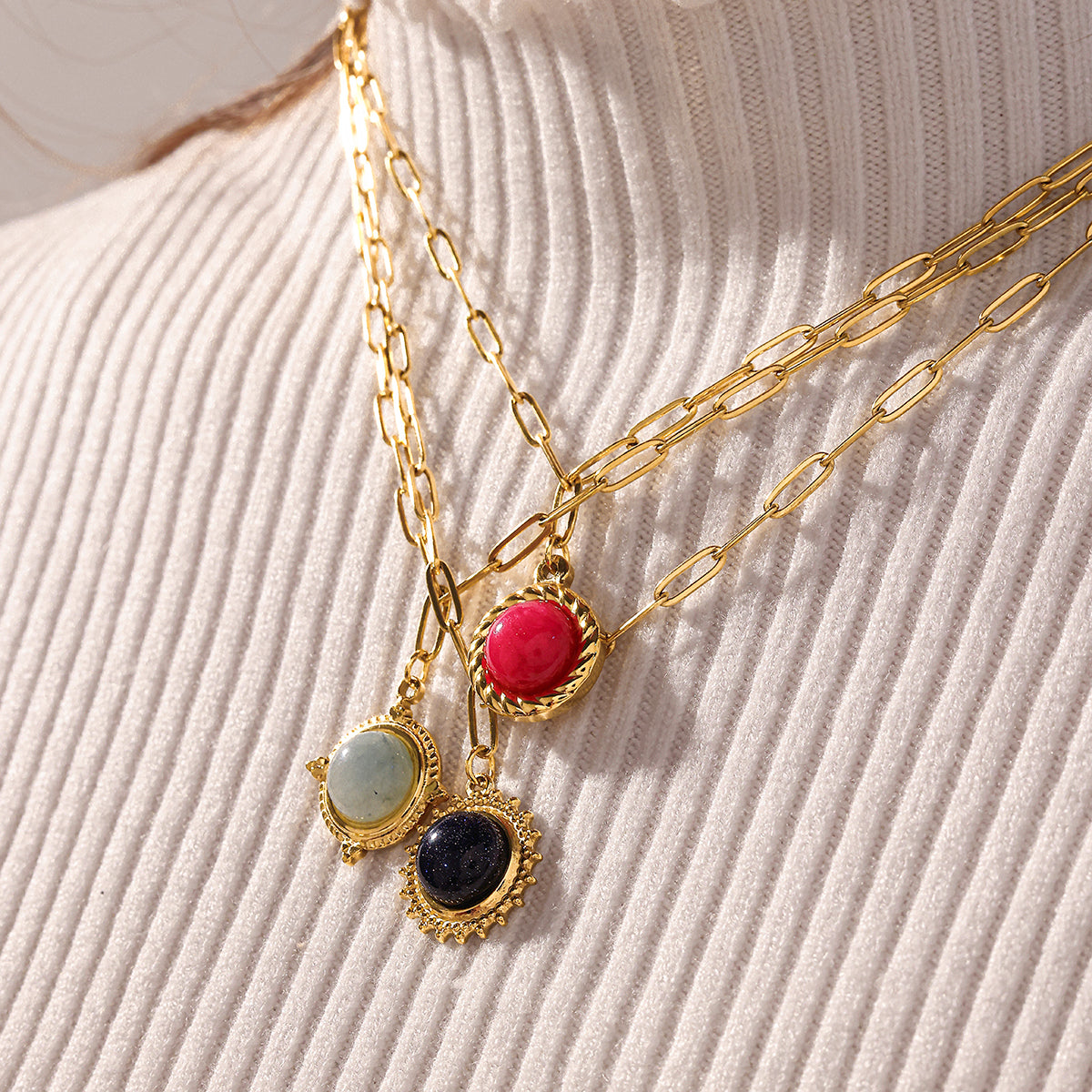 Round Christmas Necklace For Women In 304 Stainless Steel With 18K Real Gold Plated And Natural Stone Inlay
