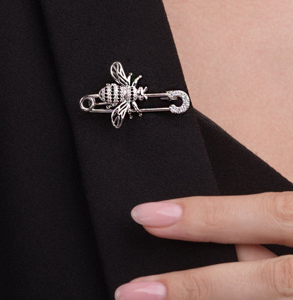 Pastoral Silver Bee Brooch In 925 Sterling Silver With Zircon Inlay, Unisex, 1 Piece