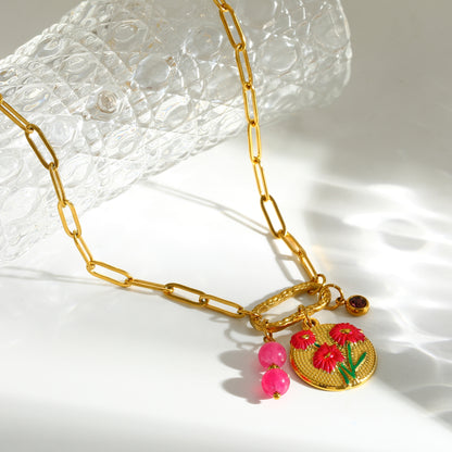 Sweet Round Pendant Necklace For Women In 201 Stainless Steel With 18K Real Gold Plated Finish And Paperclip Chain