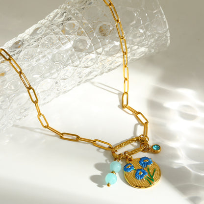 Sweet Round Pendant Necklace For Women In 201 Stainless Steel With 18K Real Gold Plated Finish And Paperclip Chain