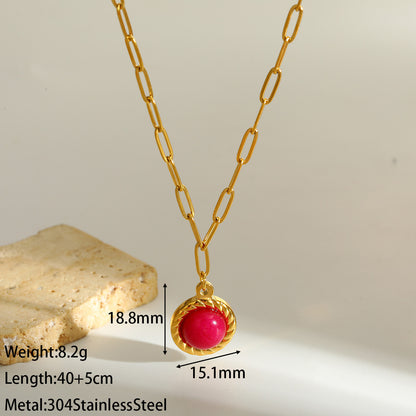 Round Christmas Necklace For Women In 304 Stainless Steel With 18K Real Gold Plated And Natural Stone Inlay