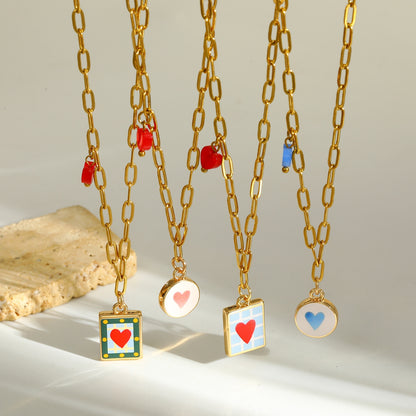 Sweet Square Pendant Necklace For Valentine's Day Featuring 201 Stainless Steel With 18K Real Gold Plated Paperclip Chain