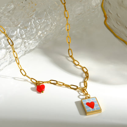 Sweet Square Pendant Necklace For Valentine's Day Featuring 201 Stainless Steel With 18K Real Gold Plated Paperclip Chain