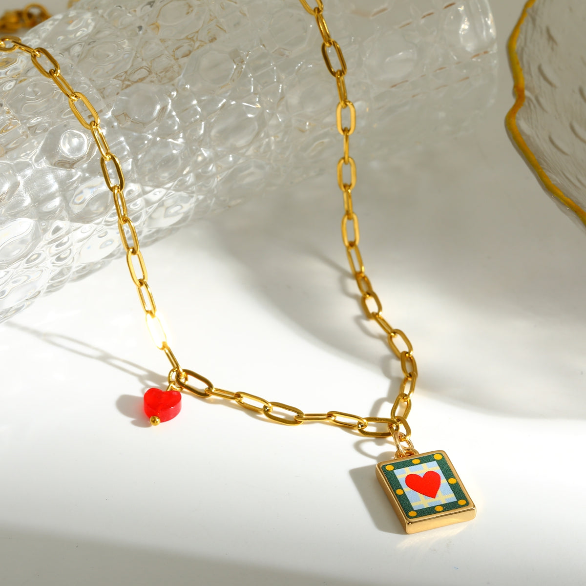 Sweet Square Pendant Necklace For Valentine's Day Featuring 201 Stainless Steel With 18K Real Gold Plated Paperclip Chain
