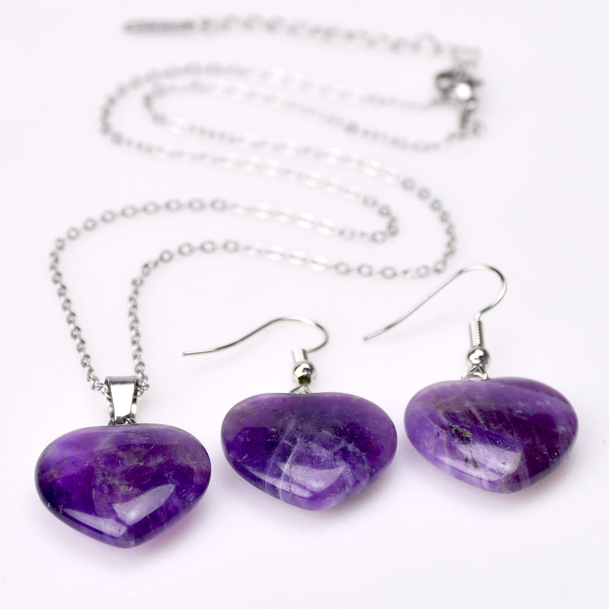 Heart Shape Jewelry Set For Women In 304 Stainless Steel With Natural Stone Inlay And Cable Chain, Perfect For Valentine's Day