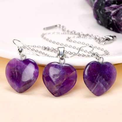 Heart Shape Jewelry Set For Women In 304 Stainless Steel With Natural Stone Inlay And Cable Chain, Perfect For Valentine's Day