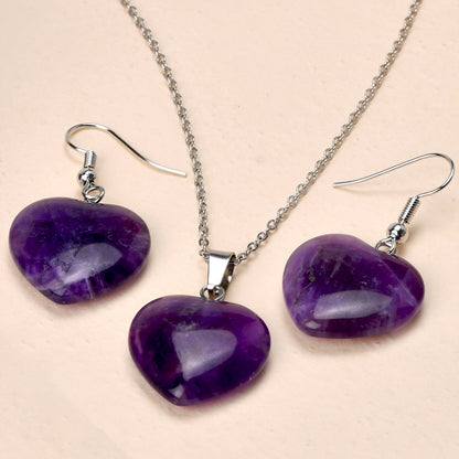 Heart Shape Jewelry Set For Women In 304 Stainless Steel With Natural Stone Inlay And Cable Chain, Perfect For Valentine's Day