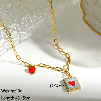 Sweet Square Pendant Necklace For Valentine's Day Featuring 201 Stainless Steel With 18K Real Gold Plated Paperclip Chain