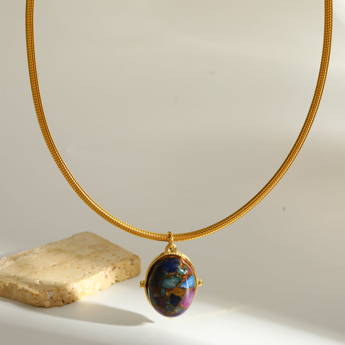 Oval Choker For Women Featuring 304 Stainless Steel With 18K Real Gold Plated Finish And Natural Stone Inlay, Perfect Birthday Gift