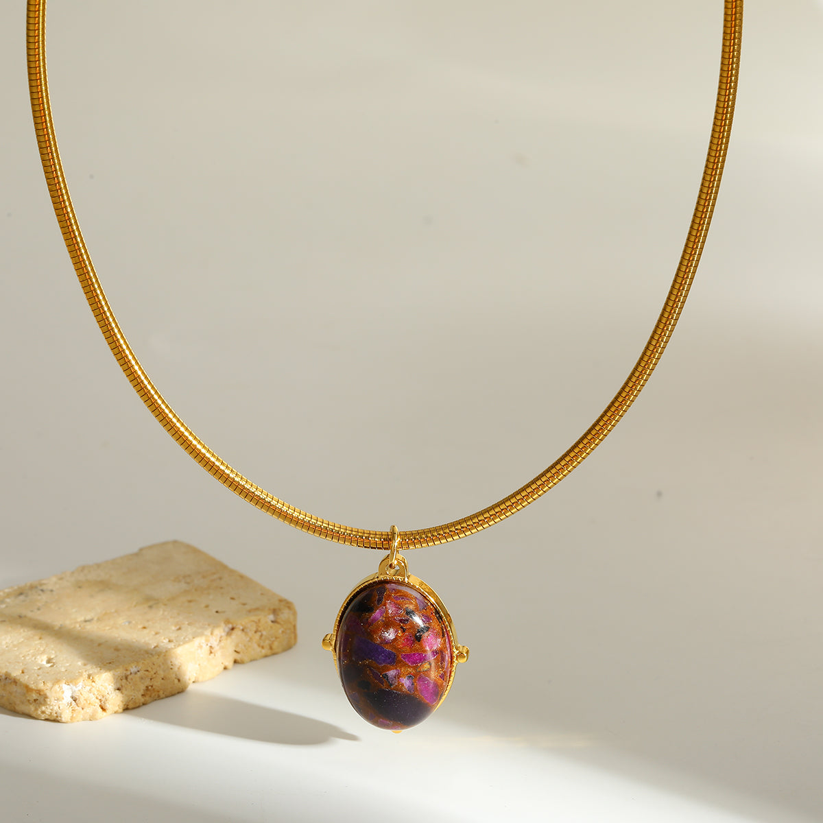 Oval Choker For Women Featuring 304 Stainless Steel With 18K Real Gold Plated Finish And Natural Stone Inlay, Perfect Birthday Gift