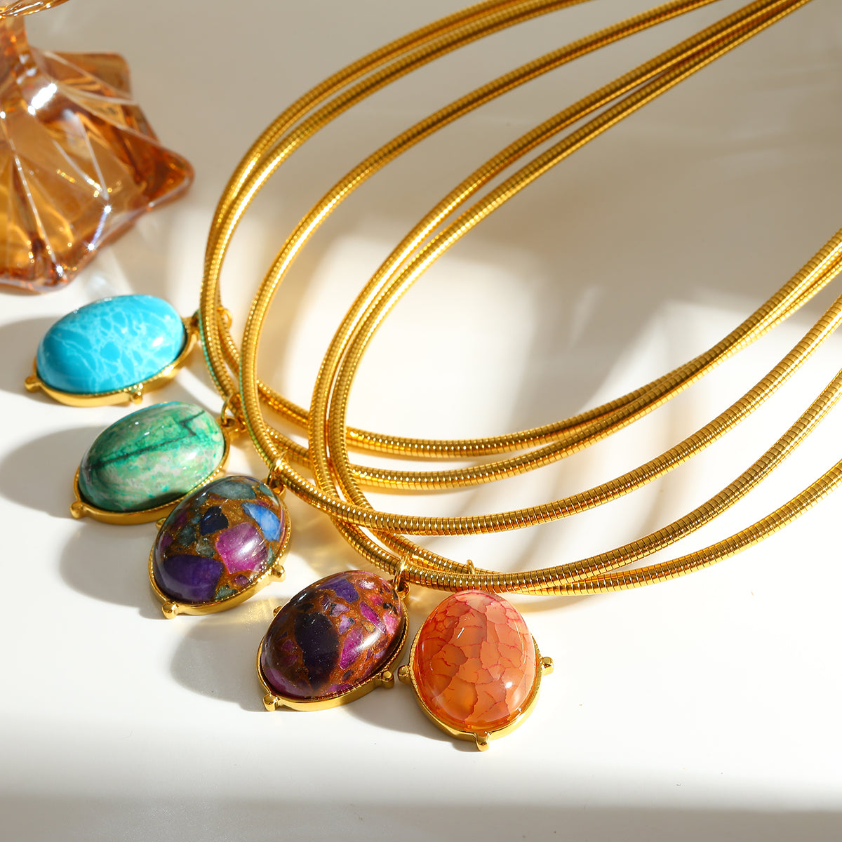 Oval Choker For Women Featuring 304 Stainless Steel With 18K Real Gold Plated Finish And Natural Stone Inlay, Perfect Birthday Gift