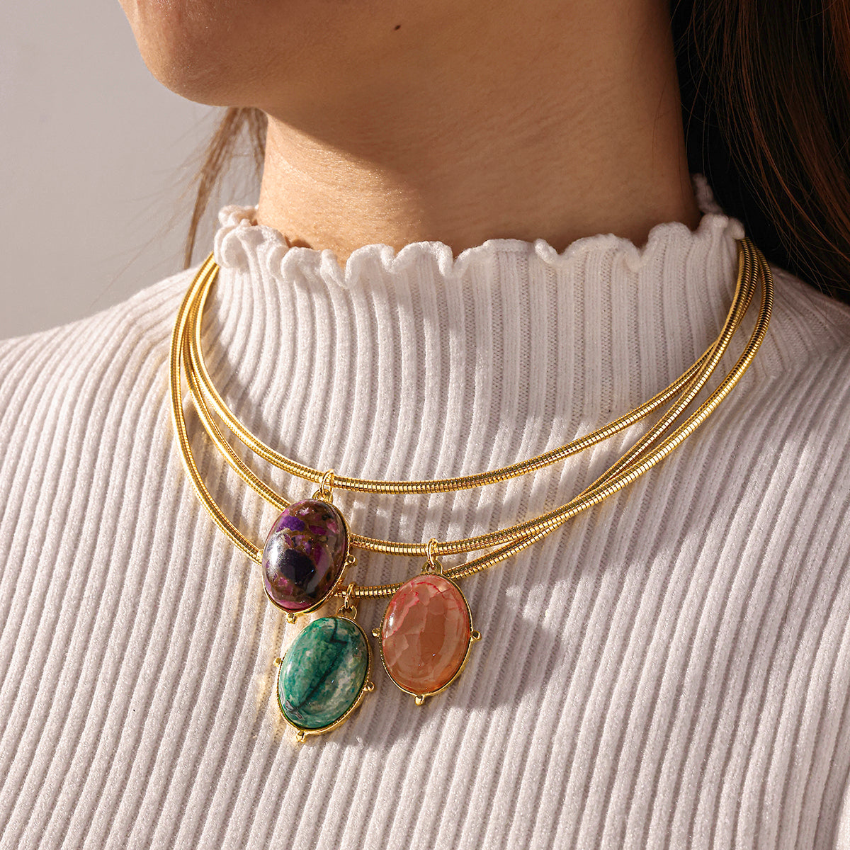 Oval Choker For Women Featuring 304 Stainless Steel With 18K Real Gold Plated Finish And Natural Stone Inlay, Perfect Birthday Gift