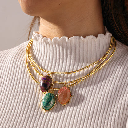 Oval Choker For Women Featuring 304 Stainless Steel With 18K Real Gold Plated Finish And Natural Stone Inlay, Perfect Birthday Gift