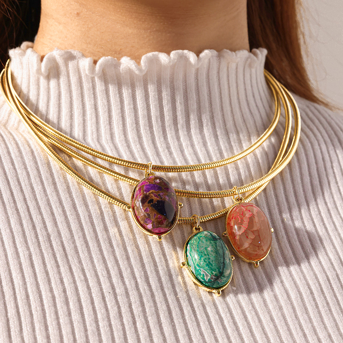 Oval Choker For Women Featuring 304 Stainless Steel With 18K Real Gold Plated Finish And Natural Stone Inlay, Perfect Birthday Gift