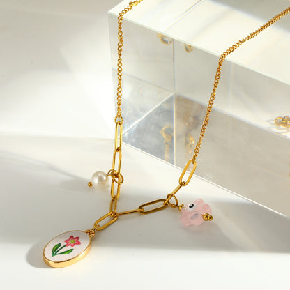 Sweet Round Pendant Necklace For Women In 201 Stainless Steel With 18K Real Gold Plated Cable Chain