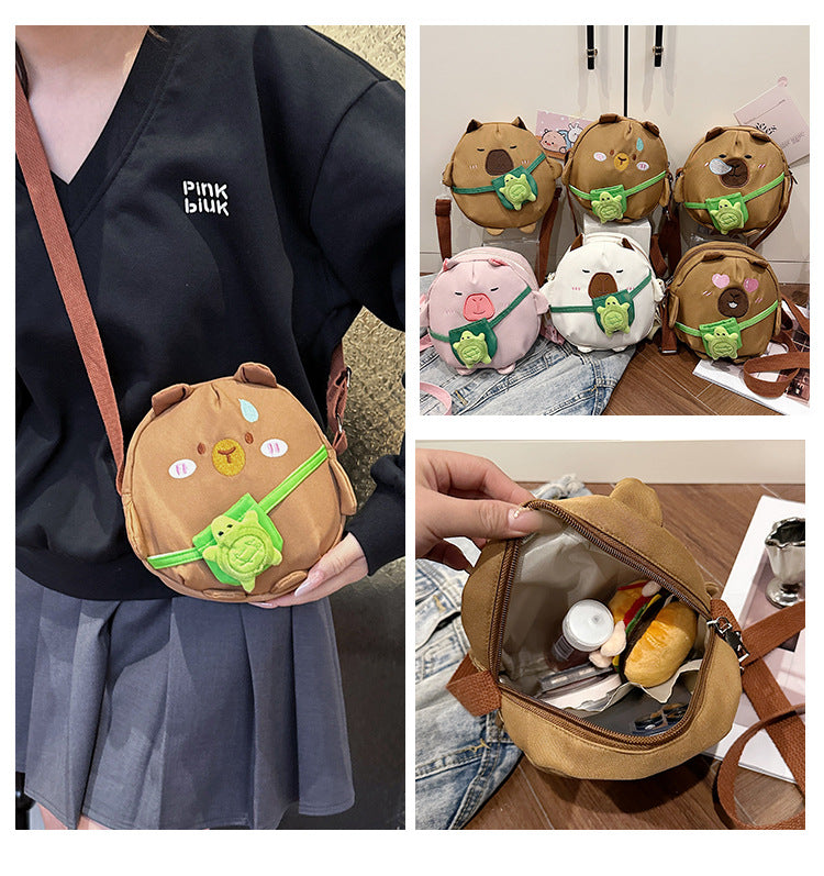 Capybara Round Oxford Cloth Crossbody Bag For Kids, Suitable For All Seasons