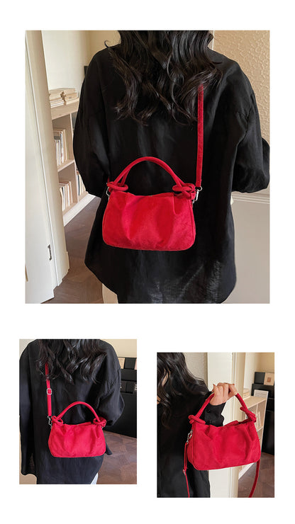 Square Flannel Shoulder Bag With Folds Design For Women