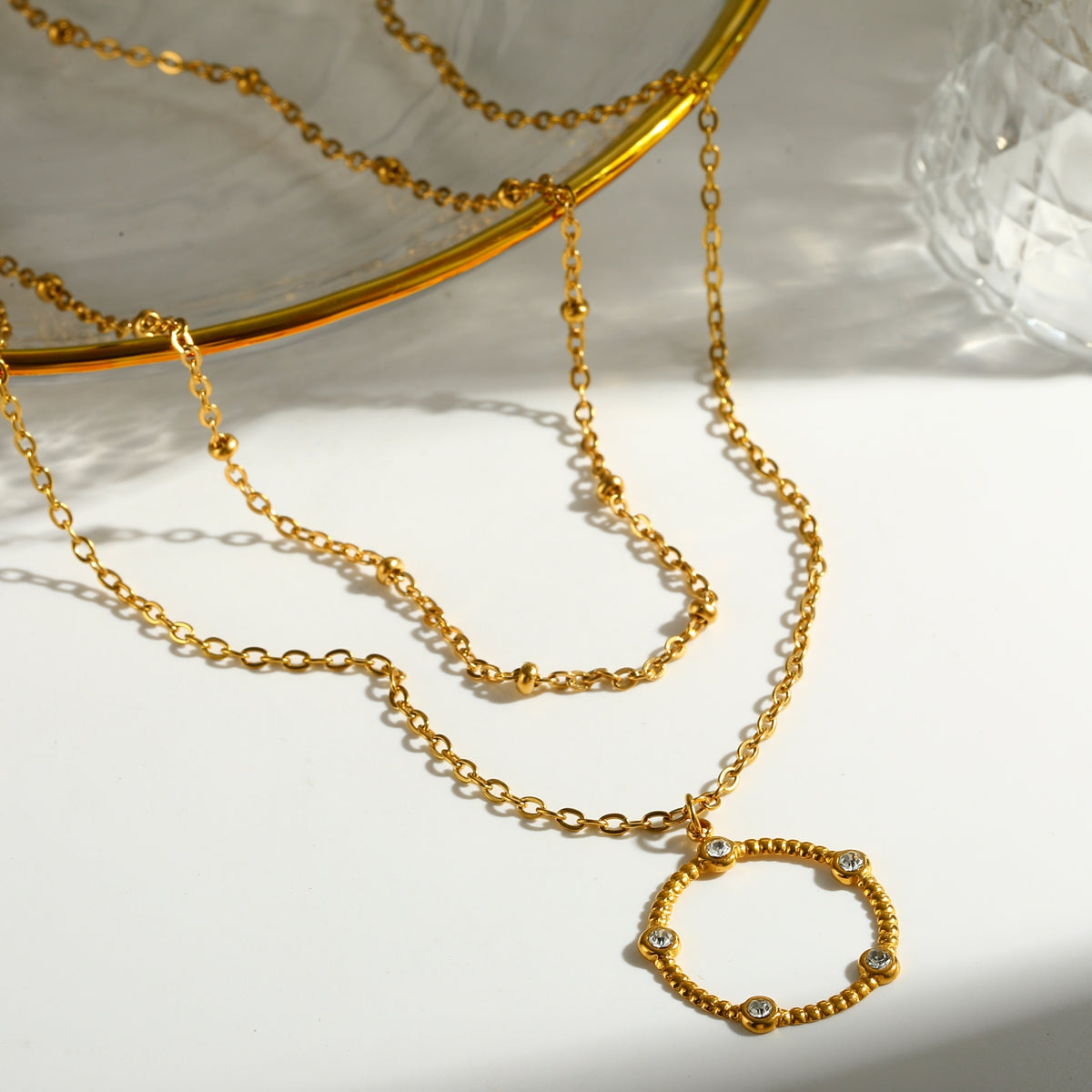 Pentagram Double Layer Necklace For Women In 304 Stainless Steel With 18K Gold Plating And Zircon Inlay