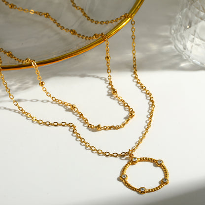 Pentagram Double Layer Necklace For Women In 304 Stainless Steel With 18K Gold Plating And Zircon Inlay