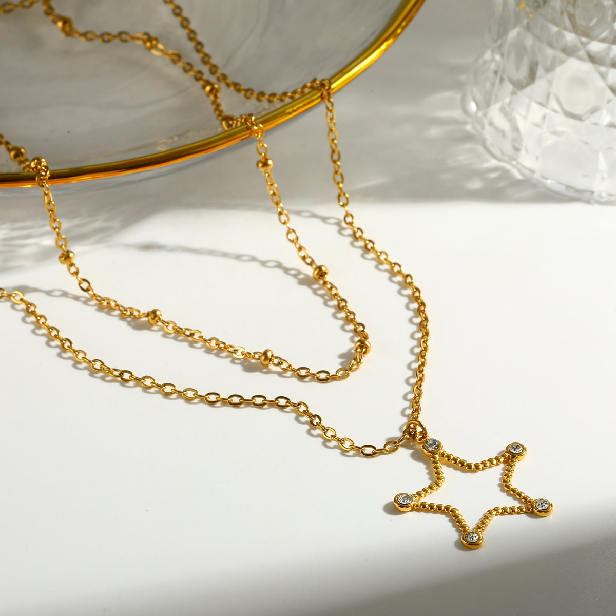 Pentagram Double Layer Necklace For Women In 304 Stainless Steel With 18K Gold Plating And Zircon Inlay