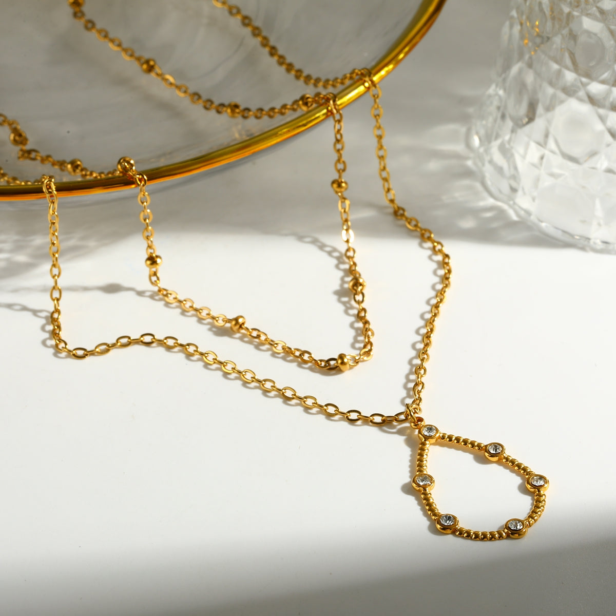 Pentagram Double Layer Necklace For Women In 304 Stainless Steel With 18K Gold Plating And Zircon Inlay