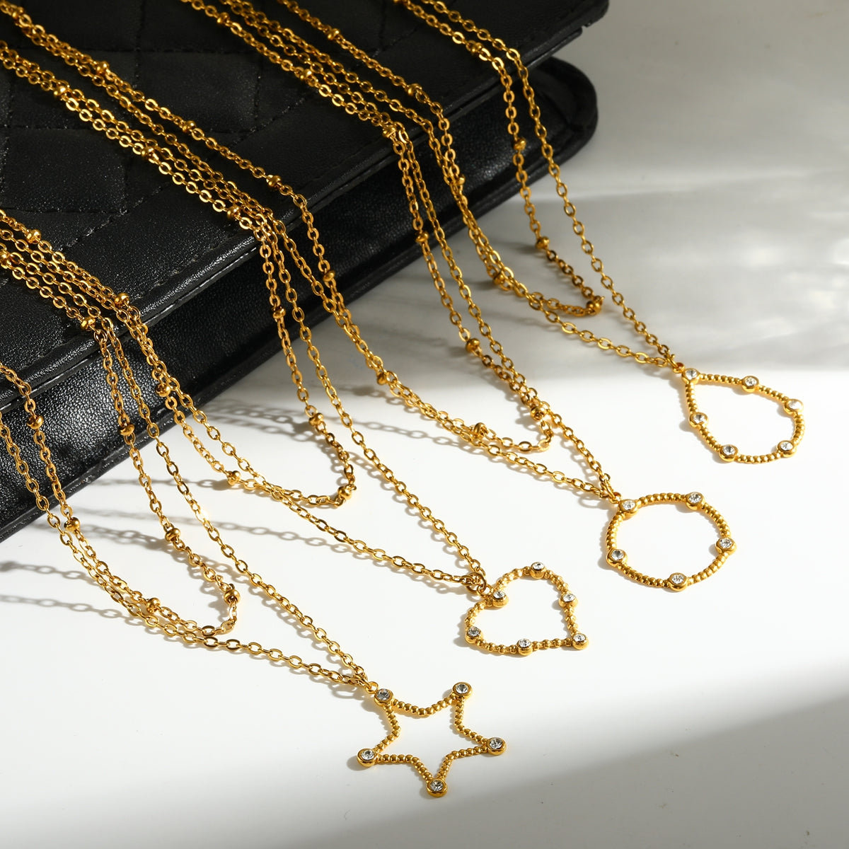 Pentagram Double Layer Necklace For Women In 304 Stainless Steel With 18K Gold Plating And Zircon Inlay