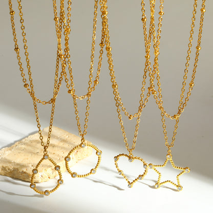 Pentagram Double Layer Necklace For Women In 304 Stainless Steel With 18K Gold Plating And Zircon Inlay