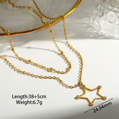 Pentagram Double Layer Necklace For Women In 304 Stainless Steel With 18K Gold Plating And Zircon Inlay