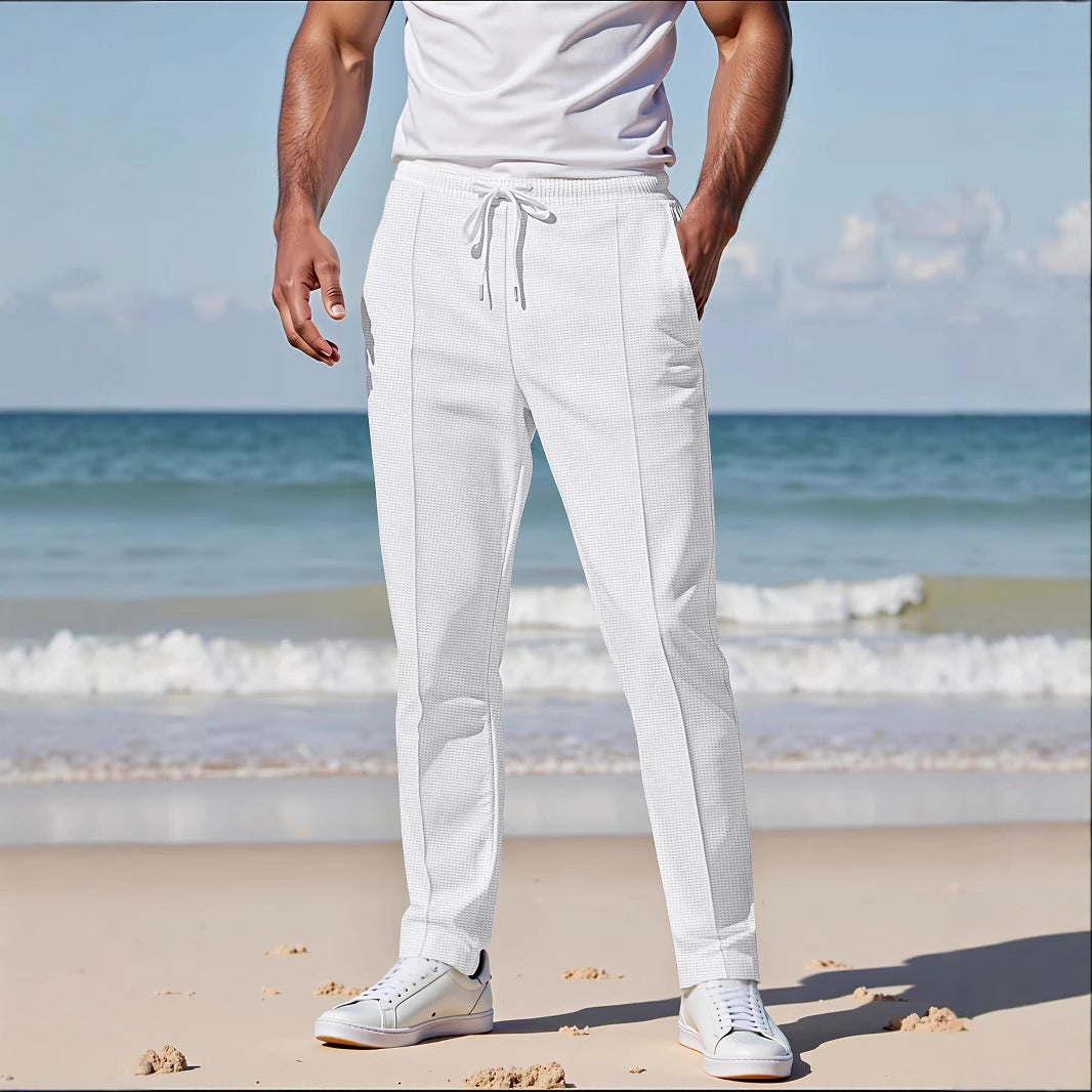 Solid Color Khaki Full Length Skinny Pants For Men In Micro-Elastic Polyester Fabric