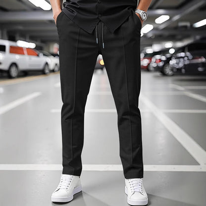 Solid Color Khaki Full Length Skinny Pants For Men In Micro-Elastic Polyester Fabric