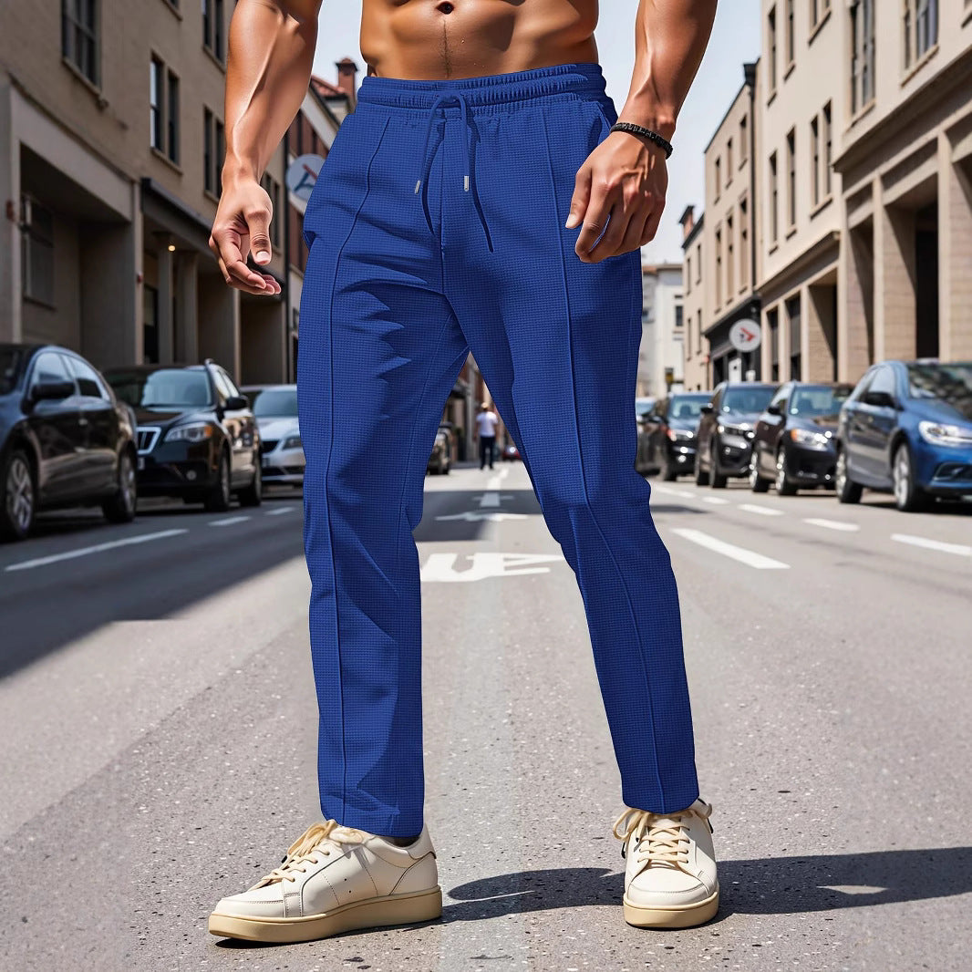 Solid Color Khaki Full Length Skinny Pants For Men In Micro-Elastic Polyester Fabric