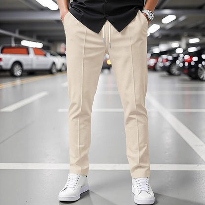 Solid Color Khaki Full Length Skinny Pants For Men In Micro-Elastic Polyester Fabric