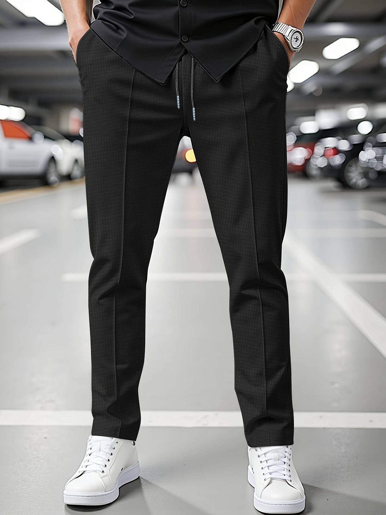 Solid Color Khaki Full Length Skinny Pants For Men In Micro-Elastic Polyester Fabric