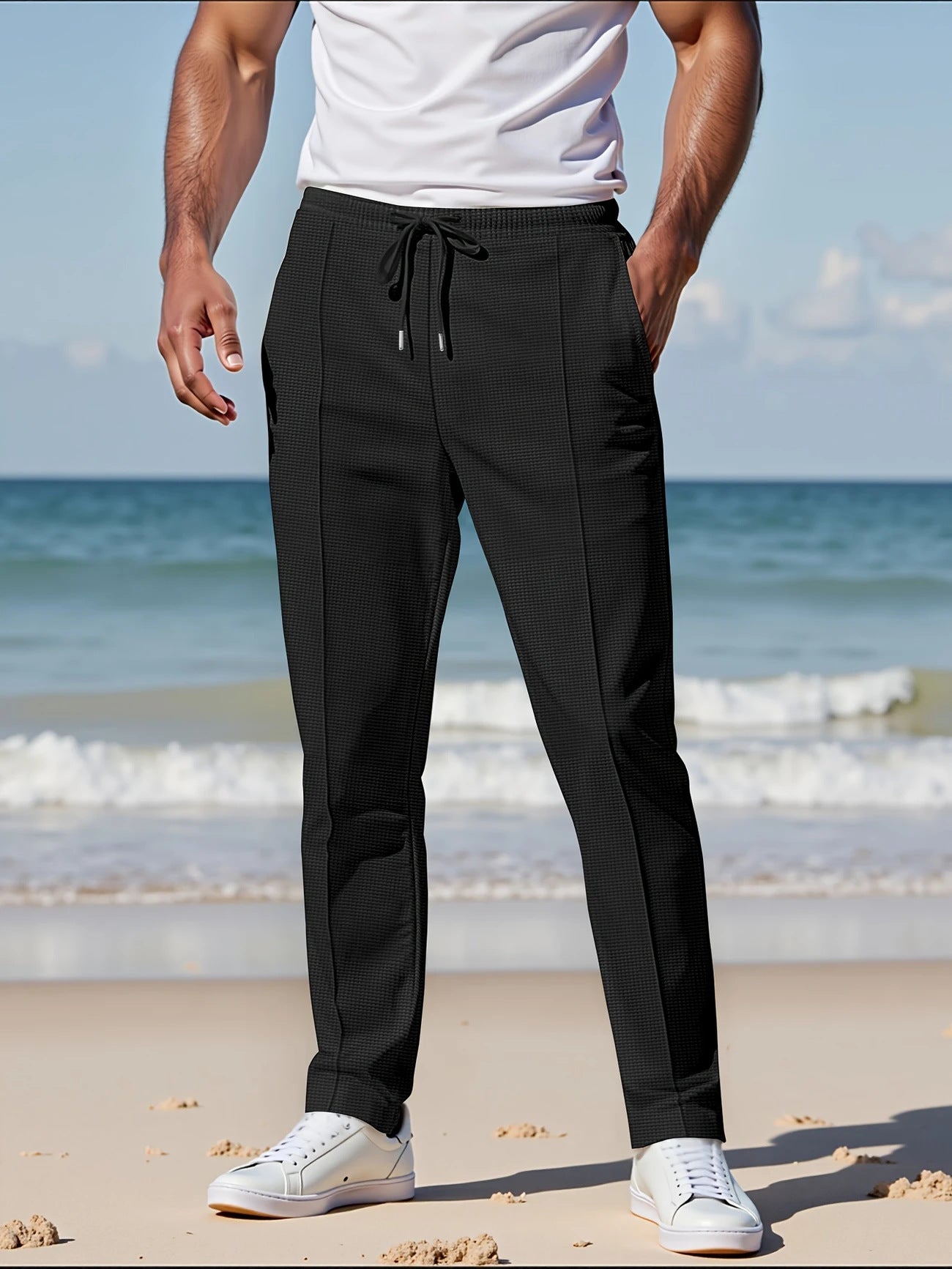 Solid Color Khaki Full Length Skinny Pants For Men In Micro-Elastic Polyester Fabric