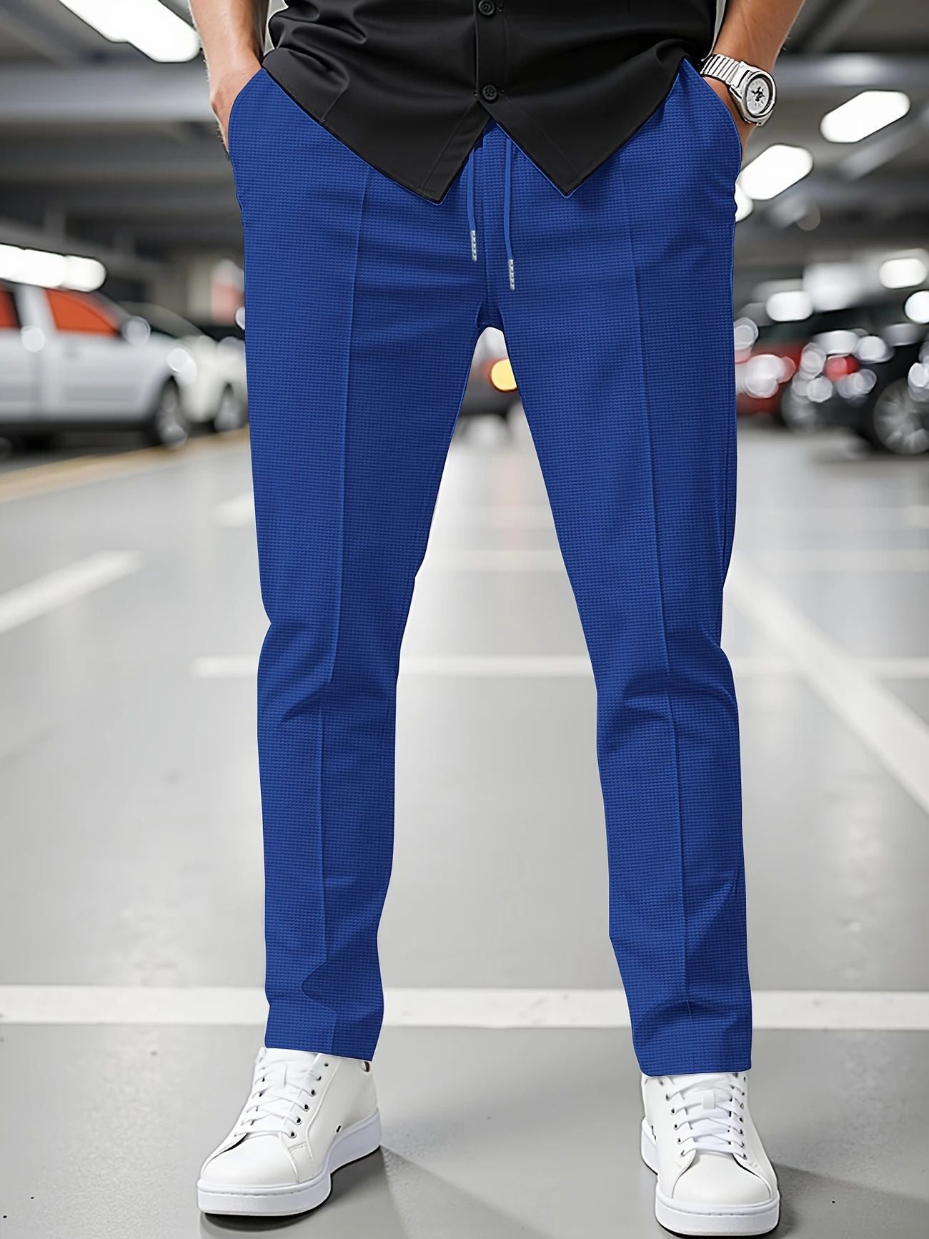 Solid Color Khaki Full Length Skinny Pants For Men In Micro-Elastic Polyester Fabric