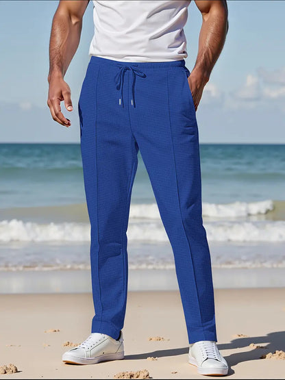Solid Color Khaki Full Length Skinny Pants For Men In Micro-Elastic Polyester Fabric