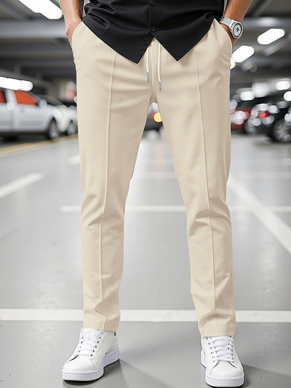 Solid Color Khaki Full Length Skinny Pants For Men In Micro-Elastic Polyester Fabric