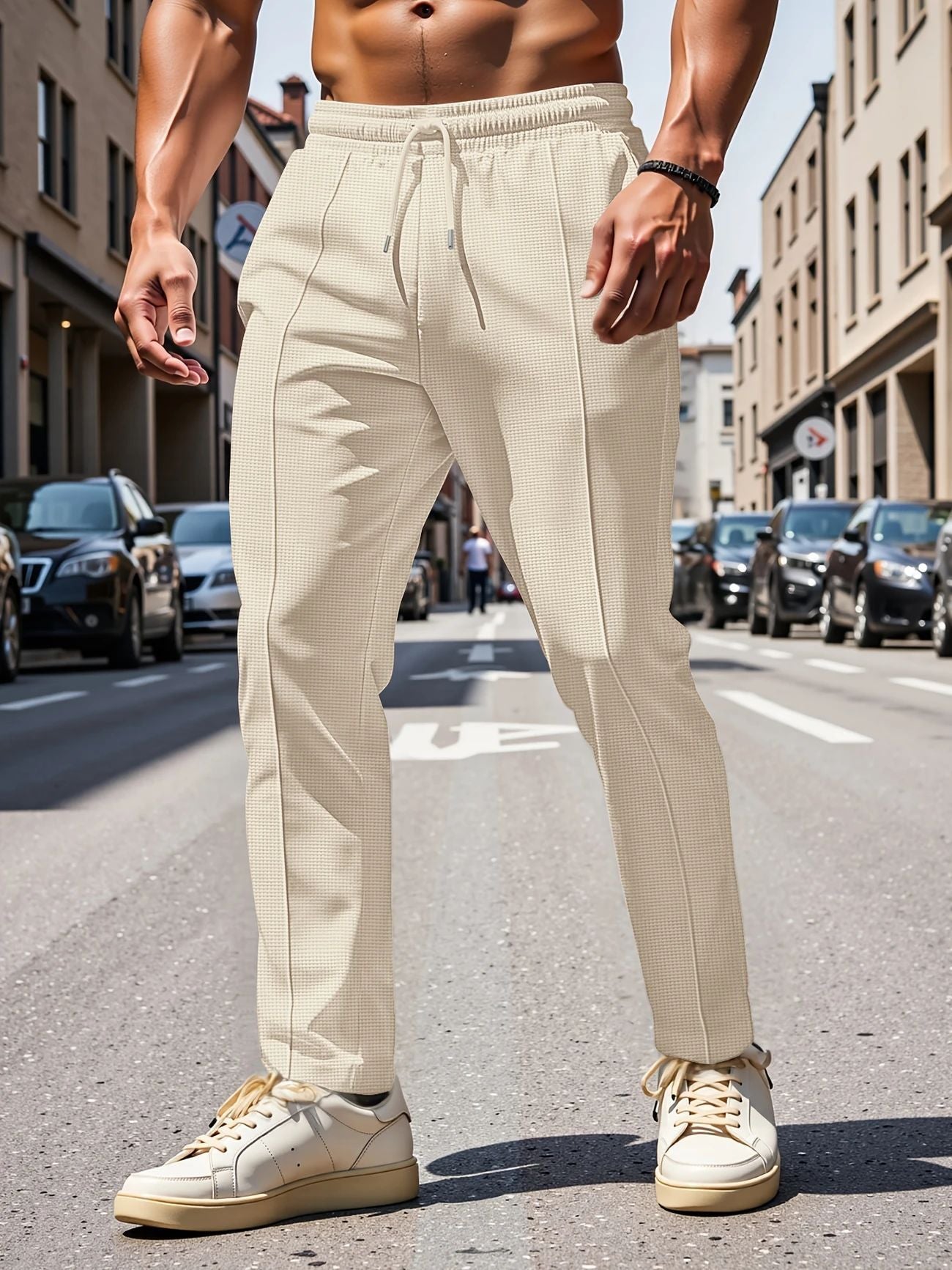 Solid Color Khaki Full Length Skinny Pants For Men In Micro-Elastic Polyester Fabric