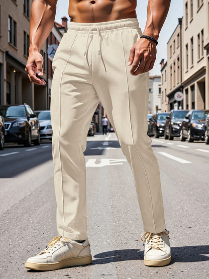 Solid Color Khaki Full Length Skinny Pants For Men In Micro-Elastic Polyester Fabric