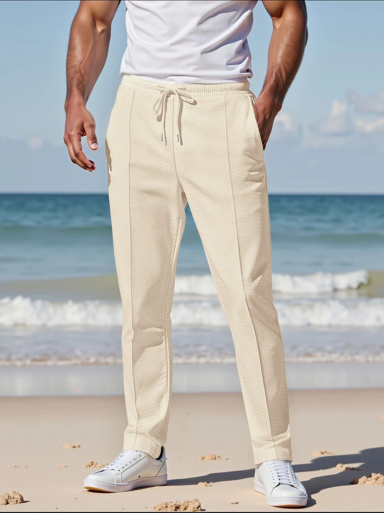 Solid Color Khaki Full Length Skinny Pants For Men In Micro-Elastic Polyester Fabric