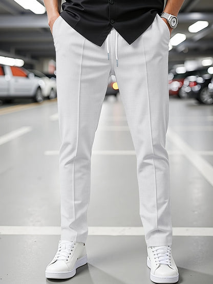 Solid Color Khaki Full Length Skinny Pants For Men In Micro-Elastic Polyester Fabric