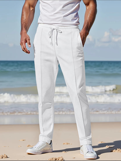 Solid Color Khaki Full Length Skinny Pants For Men In Micro-Elastic Polyester Fabric