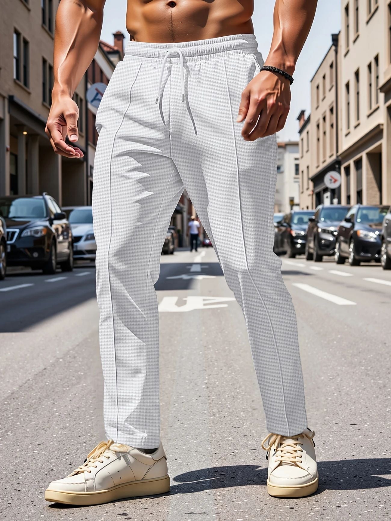Solid Color Khaki Full Length Skinny Pants For Men In Micro-Elastic Polyester Fabric
